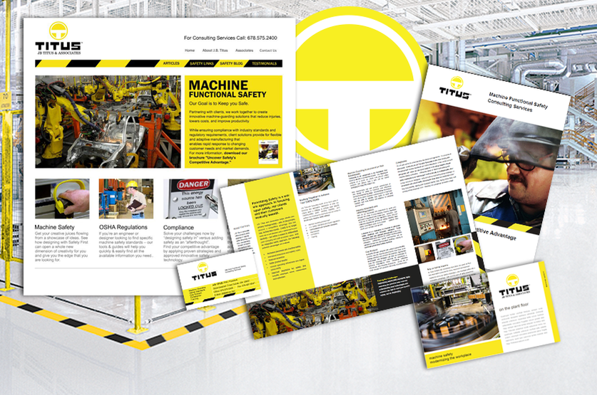 Collage of brand creation for TitUS showing print materials and website