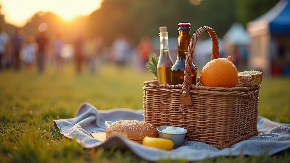 Eye-level view of a packed picnic bag with festival essentials