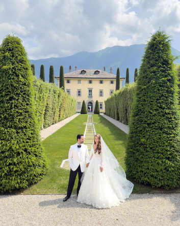 Elegant wedding couple standing at Villa Balbiano, Lake Como,Italy embodying timeless romance and luxury. Captured by Canova Studios