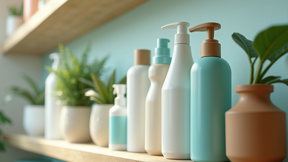 Close-up view of eco-friendly cleaning products arranged on a shelf