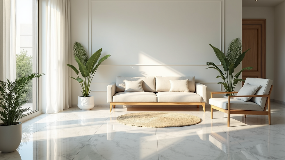 High angle view of a sparkling clean living room with immaculate flooring
