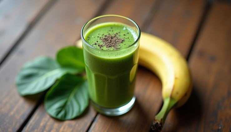 Eye-level view of a vibrant green smoothie in a glass with fresh spinach and banana beside it