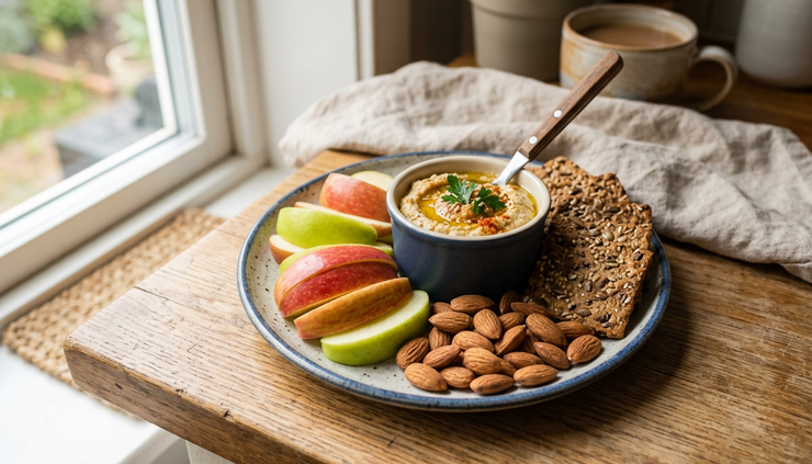Close-up of a snack plate with apple slices, hummus, crackers, and nuts.