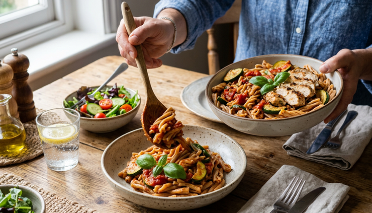 Eye-level view of a person serving a modest portion of pasta with vegetables.