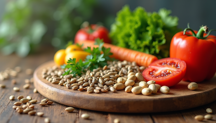 Eye-level view of a balanced meal with colorful vegetables, nuts, and seeds on a wooden table