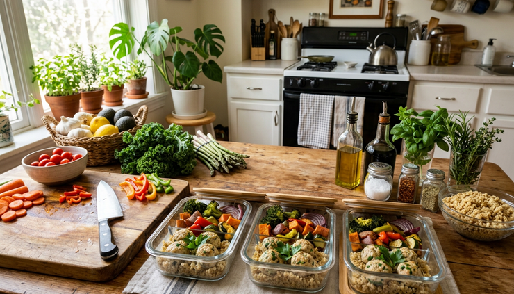 Wide-angle view of a home kitchen table with simple meal prep containers and fresh produce.