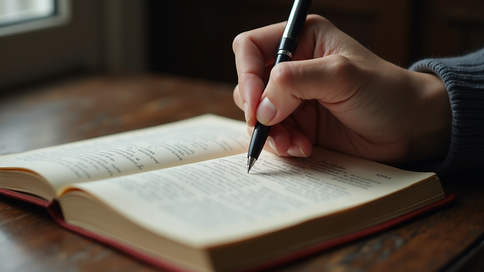 Close-up view of a person holding a prayer journal with a pen