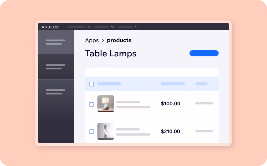 Dashboard page created using Wix CLI, displaying a list of table lamps with prices in an application interface.