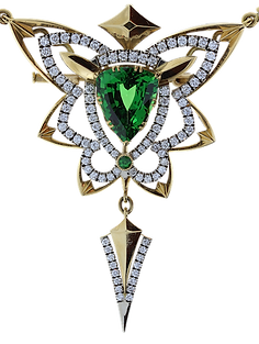 Золотое колье с бриллиантами и зеленым драгоценным камнем