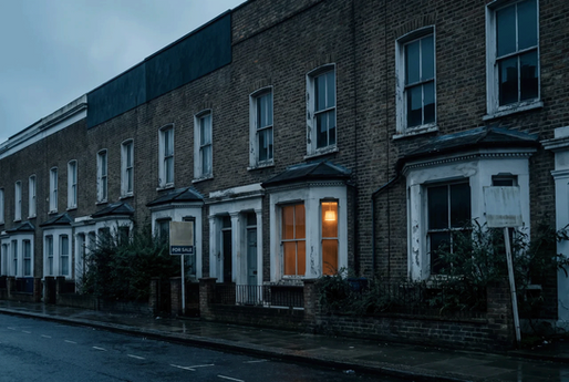 A row of houses, all but one are empty.