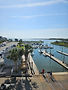 Aerial view of a sunny boat marina with docks and palms.