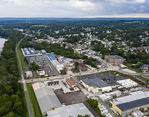 HVAC service area in Reading, PA showing residential homes, industrial buildings, and river-side greenery.