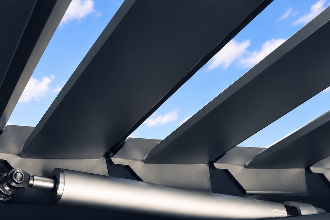 The Summit Series II louver motor running along the inside of the frame beneath open louvers and blue sky