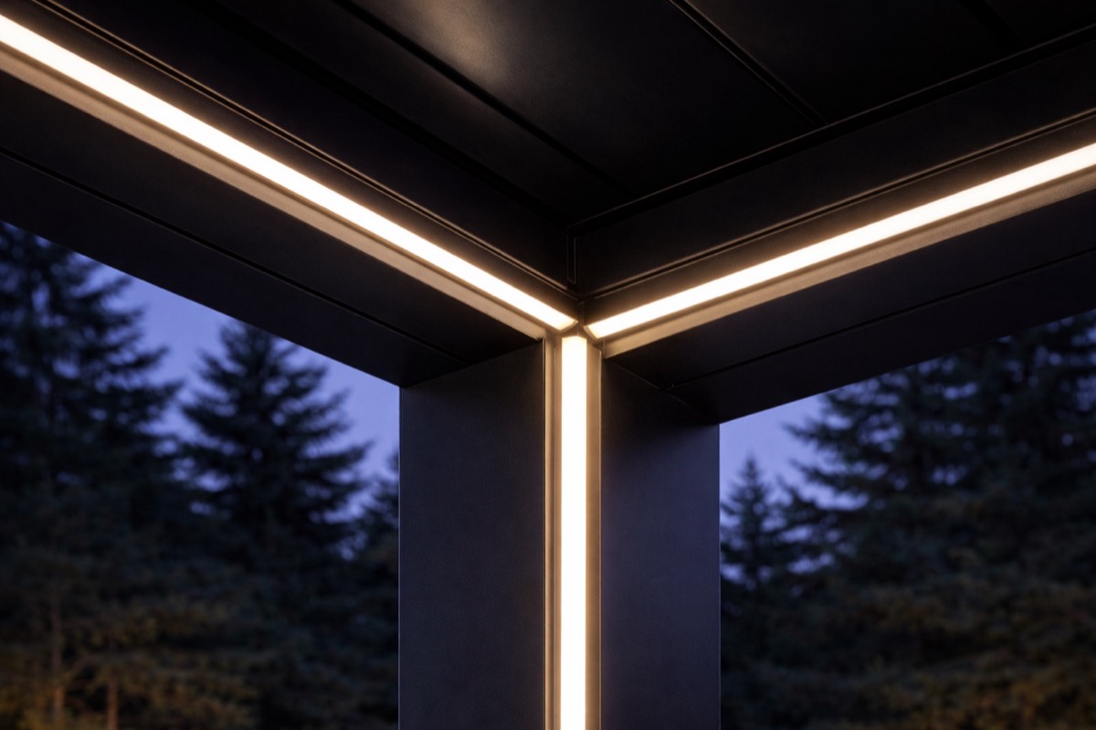LED light strips glowing along the beams and post of a black pergola at dusk