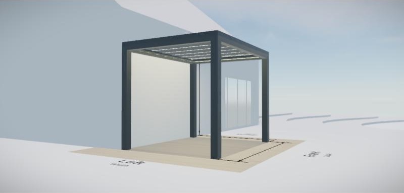 3D Studio view of a wall-mounted pergola with posts on the house side