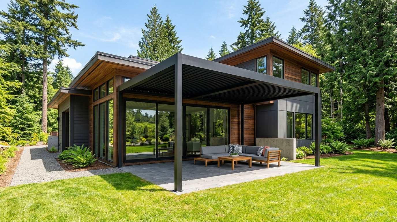 A modern Pacific Northwest home with a black motorized louvered pergola over a stone patio. As the louvers open, stripes of sunlight fall across the patio.