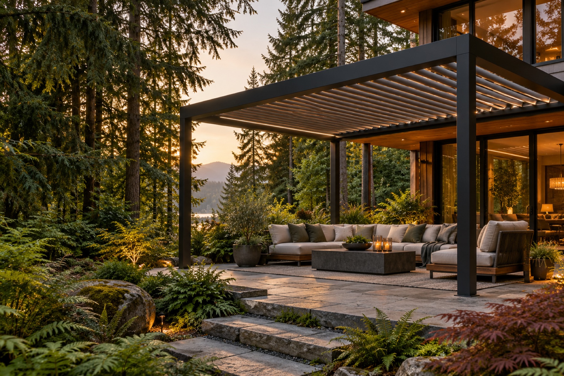 A charcoal louvered pergola sheltering a furnished outdoor living area beside a home, with evergreens at sunset