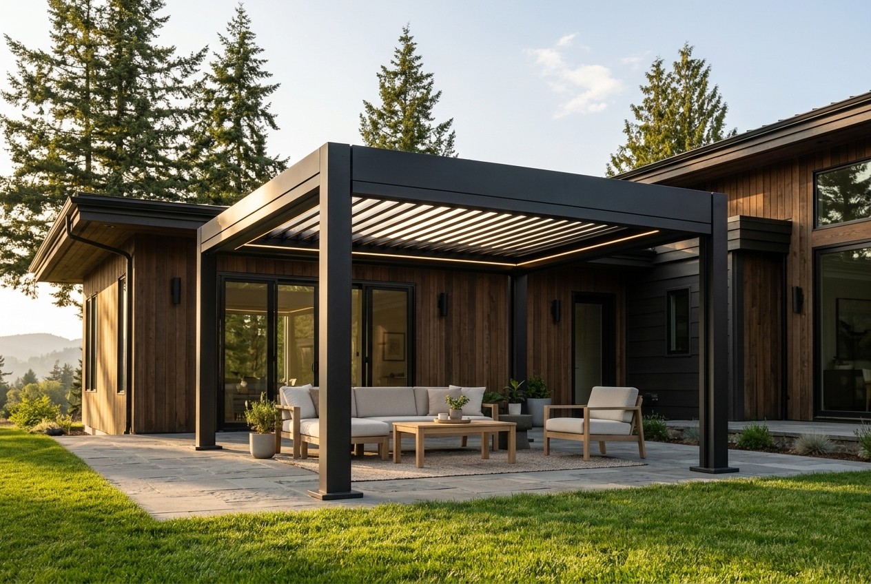 A black Summit Series II louvered pergola over a stone patio beside a cedar-sided home, with a sofa, armchair and coffee table underneath and evergreens behind