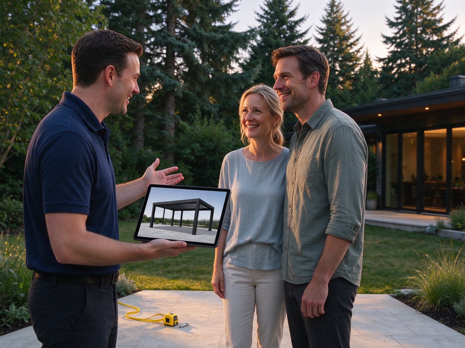 A Cascade Shelter designer in a navy polo shows a couple a 3D model of a black louvered pergola on a tablet, standing on their patio in a backyard lined with evergreens at golden hour