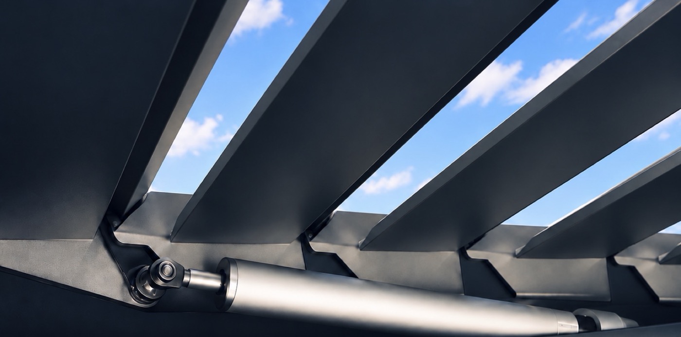 The Series II motor seated inside the pergola frame beneath open louvers