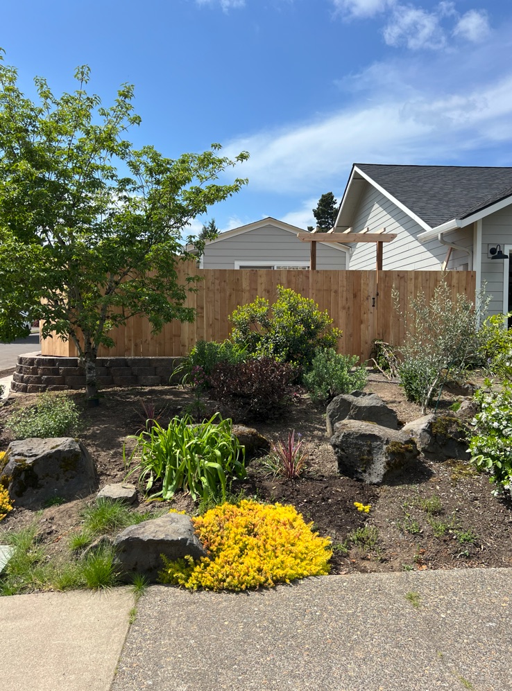 A front yard with boulders, planting and a cedar fence by Wildwood Hardscapes