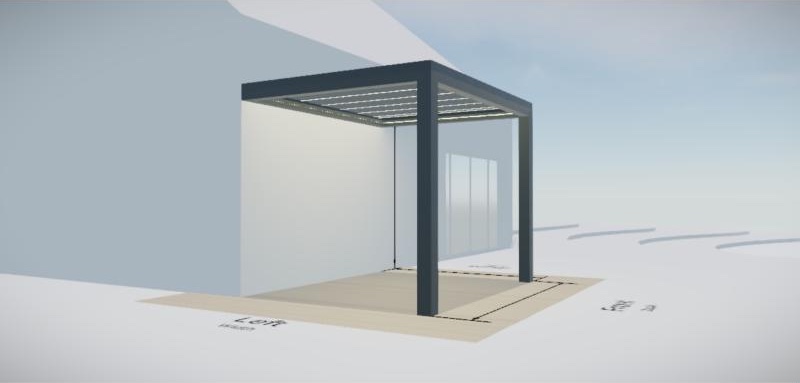 3D Studio view of a wall-mounted pergola against a house