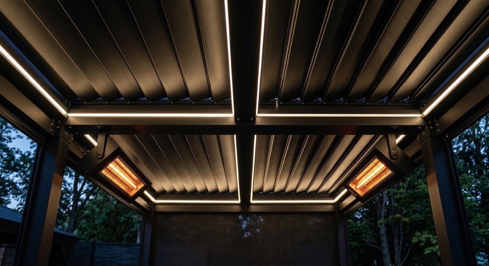 Two heaters glowing under the louvers of a pergola at dusk