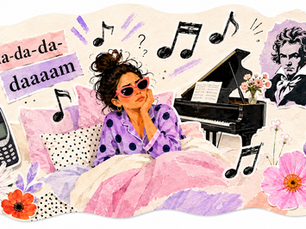 Farbenfrohe feminine Collage mit Frau im Bett, Beethoven-Noten, altem Handy, Klavier als humorvolles Bild für „Für Elise“, Musiktrauma und Alltagserinnerungen.