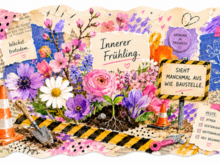 Farbenfrohe femininKünstlerische Collage-Illustration mit Frühlingsblumen, bunten Farben, abstrakter inneren Baustelle mit Rissen, Gerüstformen, Markerlinien und kräftigen Farben als Symbol für Neubeginn und inneres Wachstum.e Collage mit Frühling, Garten, Liegestuhl, Sonnenschirm, Gartenwerkzeug, Blumen und To-do-Schnipseln als humor