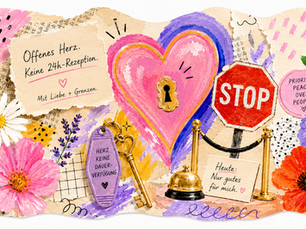 Künstlerische Collage-Illustration mit abstrakten grafischen Zeichen, Herz, Stoppschild, umgeben von fragmentierten Gesprächsformen und Kontaktversuchen als Symbol für Grenzen, Energie und Offline-Sein.