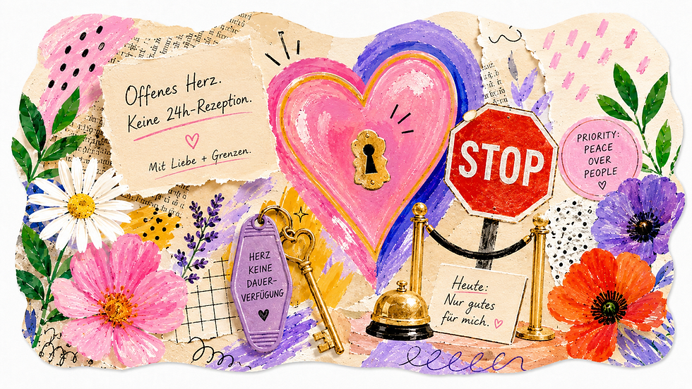 Künstlerische Collage-Illustration mit abstrakten grafischen Zeichen, Herz, Stoppschild, umgeben von fragmentierten Gesprächsformen und Kontaktversuchen als Symbol für Grenzen, Energie und Offline-Sein.