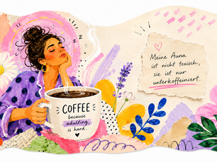 Künstlerische Collage-Illustration einer müden, selbstbewussten Frau mit abstrakter, überreizter Aura aus Markerlinien, Papierfragmenten und kräftigen Farben als humorvolles Bild für Selfcare am Morgen.