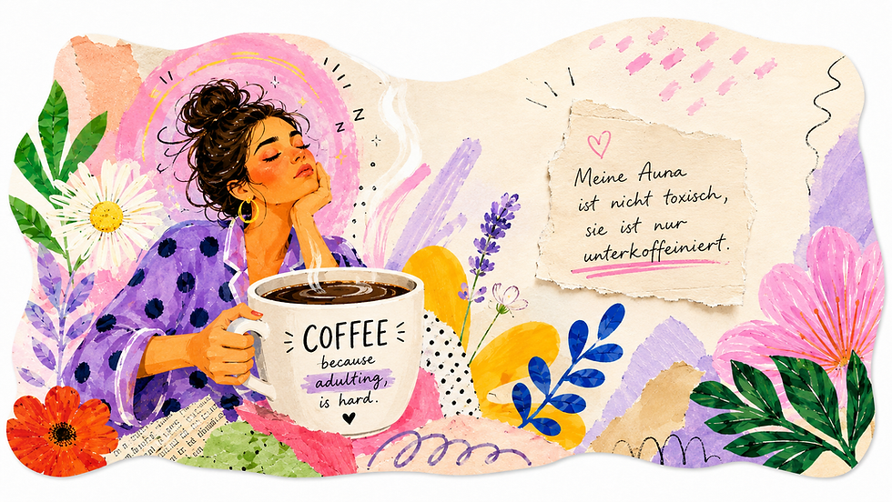 Künstlerische Collage-Illustration einer müden, selbstbewussten Frau mit abstrakter, überreizter Aura aus Markerlinien, Papierfragmenten und kräftigen Farben als humorvolles Bild für Selfcare am Morgen.