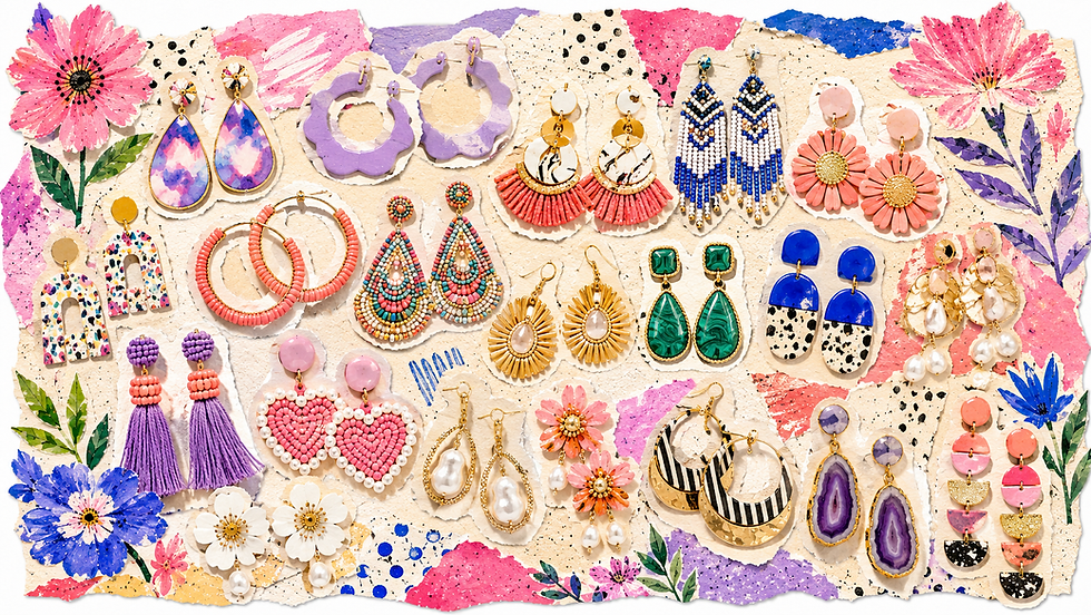Künstlerische Collage, bunte Ohrringe und Blumen