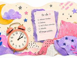 Bunte künstlerische Collage mit Wecker, Kissen, Mond und Sterne als symbol für nächtliche To-do-Listen, Gedankenkarussell, Alltagsstress, Gehirn nachts läuft