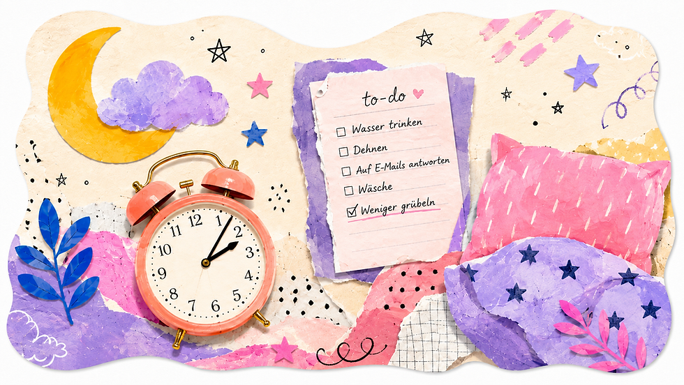 Bunte künstlerische Collage mit Wecker, Kissen, Mond und Sterne als symbol für nächtliche To-do-Listen, Gedankenkarussell, Alltagsstress, Gehirn nachts läuft