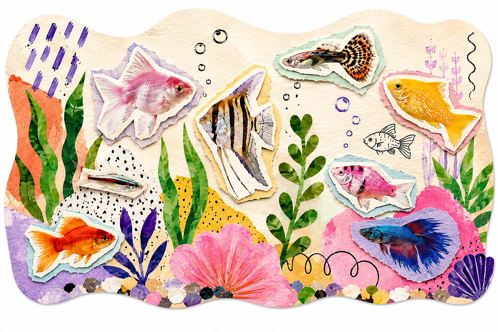 Farbenfrohe feminine Collage mit Aquarium, Fischen, Futterdose und Familie als Symbol für Mental Load, Alltag und stille Zuständigkeiten im Familienleben.