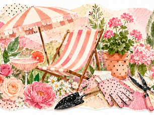Farbenfrohe feminine Collage mit Frühling, Garten, Liegestuhl, Sonnenschirm, Gartenwerkzeug, Blumen und To-do-Schnipseln als humor