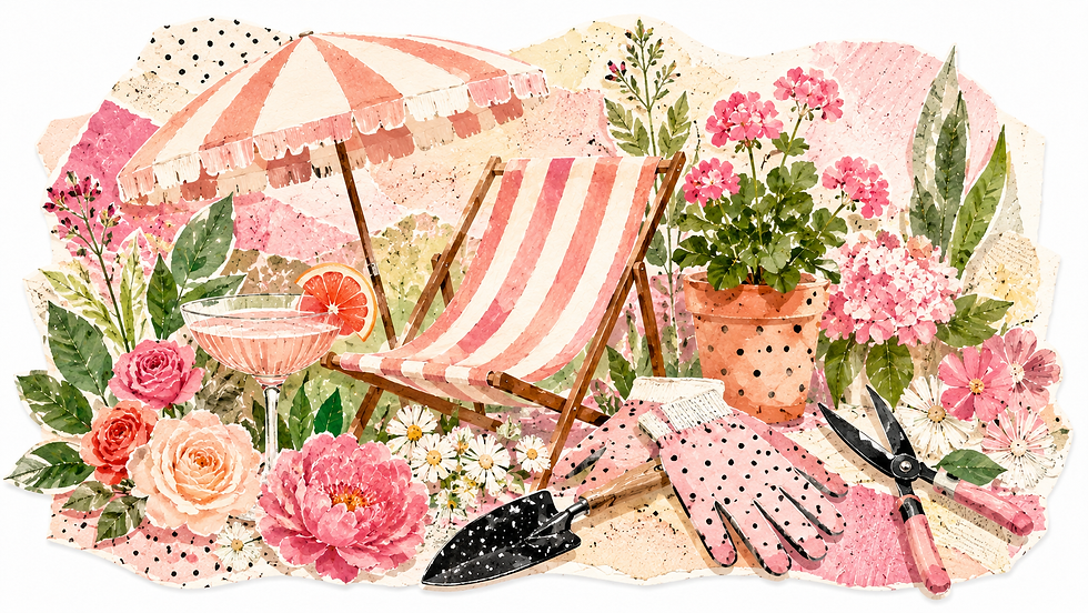 Farbenfrohe feminine Collage mit Frühling, Garten, Liegestuhl, Sonnenschirm, Gartenwerkzeug, Blumen und To-do-Schnipseln als humor