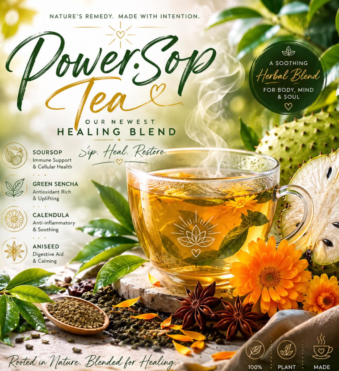 PowerSop: Soursop, green sencha, calendula & aniseed
