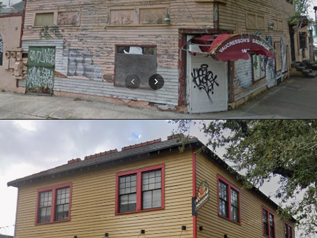 Side by side historical comparison of Vaucresson Sausage on St. Bernard Avenue showing the vacant lot in 2016 and the rebuilt restaurant in 2025.