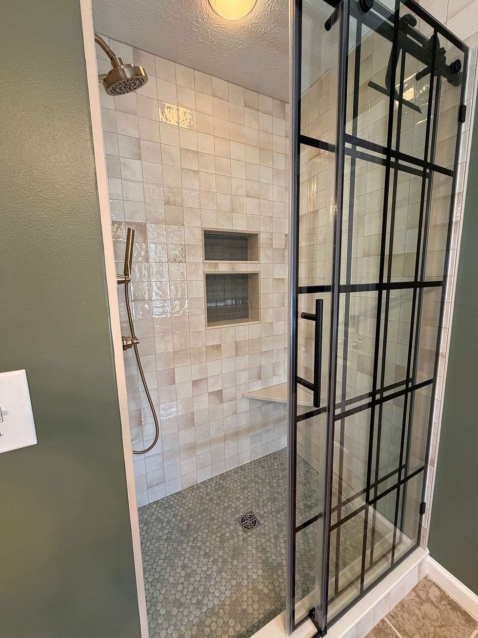 noblesville Indiana modern shower with shower panel glass and modern warm tones tile