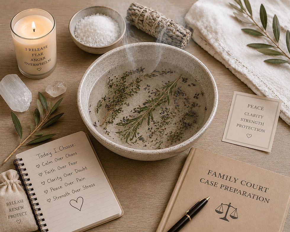 Bowl with water, herbs, salt, and soft cleansing smoke prepared for custody case spiritual support