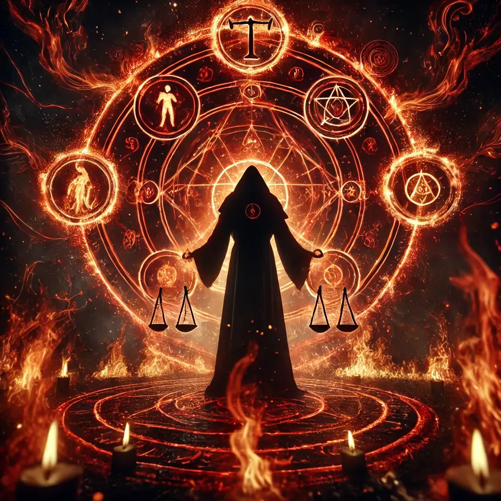 A dramatic Black Magic Ritual for Protection and Revenge, with fiery energy and glowing symbols of justice and protection. The figure is surrounded by intense flames and shadowy tendrils of magic, creating a mystical and powerful atmosphere.