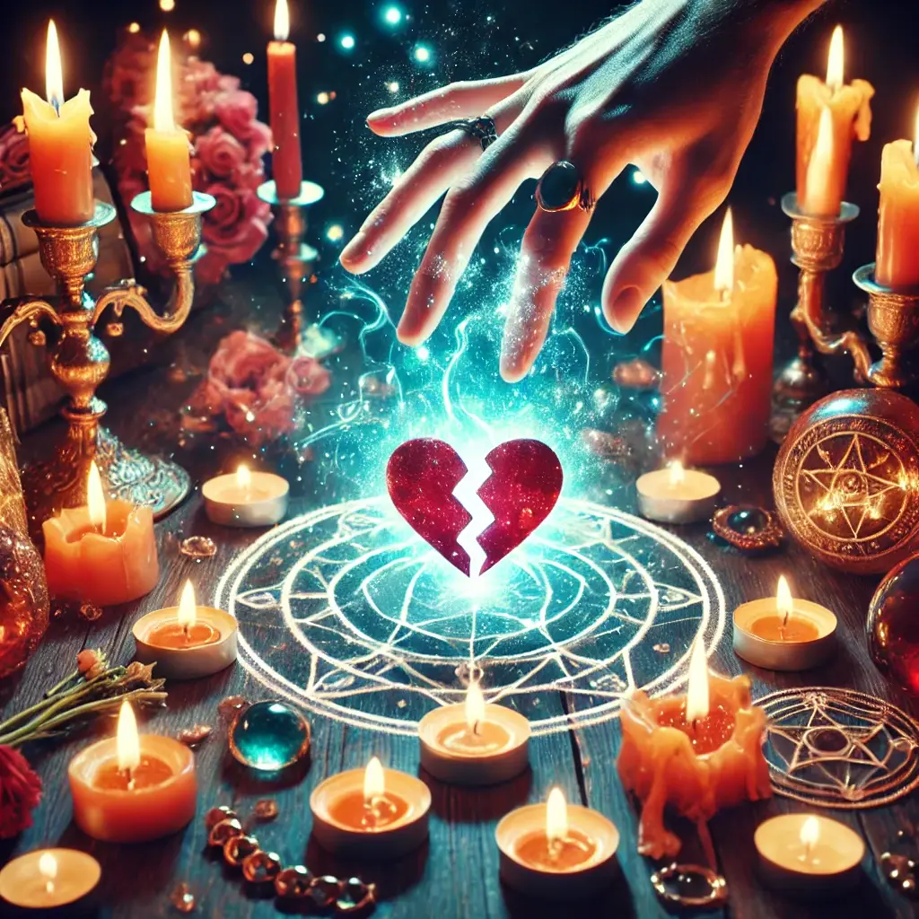 A Lost Love Spell being cast, with a glowing heart-shaped energy and mystical symbols around a broken heart to restore a relationship