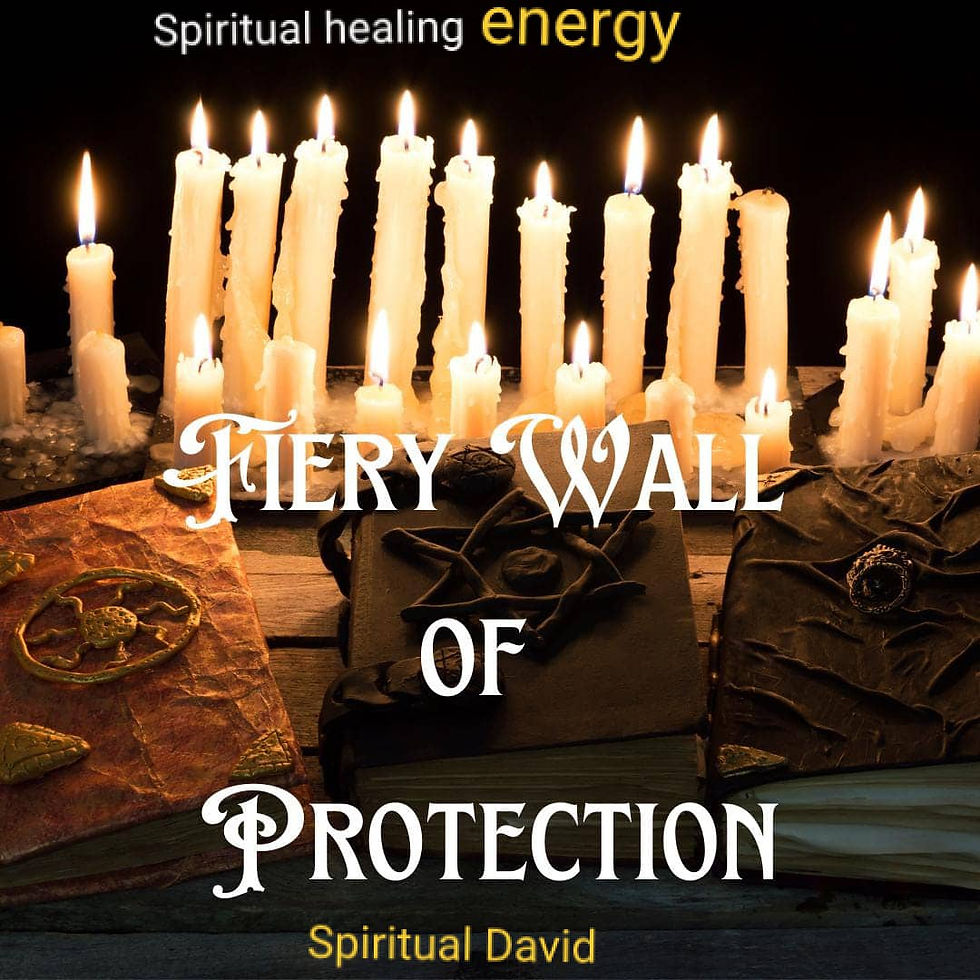 A display of warm-lit white candles and ancient-looking spell books on a wooden surface, with the words 'Fiery Wall of Protection' written in a decorative font. The text above and below reads 'Spiritual healing energy' and 'Spiritual David