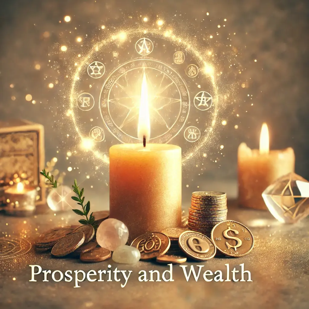 A serene, candle-lit scene symbolizing prosperity and wealth, featuring shimmering gold coins and a glowing candle with a soft aura. The background is neutral with subtle nature elements like plants and crystals, creating a sense of abundance and positive energy. The text "Prosperity and Wealth Spells" is displayed in an elegant, simple font.