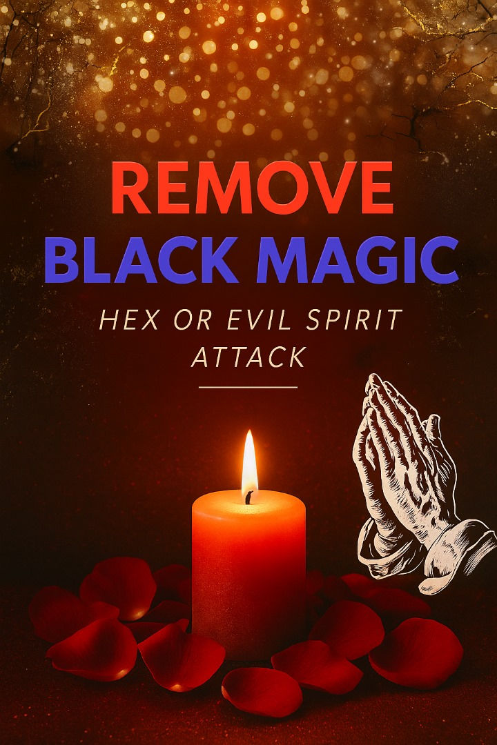 Remove Black Magic, Hex or Evil Spirit Attack,” with a glowing red candle surrounded by rose petals and an illustration of praying hands, set against a mystical, golden bokeh background representing how powerful spiritual David Black Magic Spells.