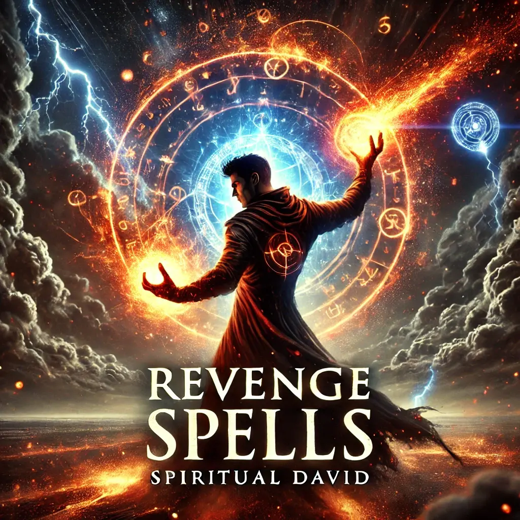 A dramatic image representing Revenge Spells, featuring a powerful figure casting a spell with glowing, fiery energy. Dark clouds and lightning add intensity to the scene, while mystical symbols swirl around the figure, symbolizing the power of revenge. The text "Revenge Spells" is displayed in bold, striking font, with "SPIRITUAL DAVID" in an elegant font for brand recognition.