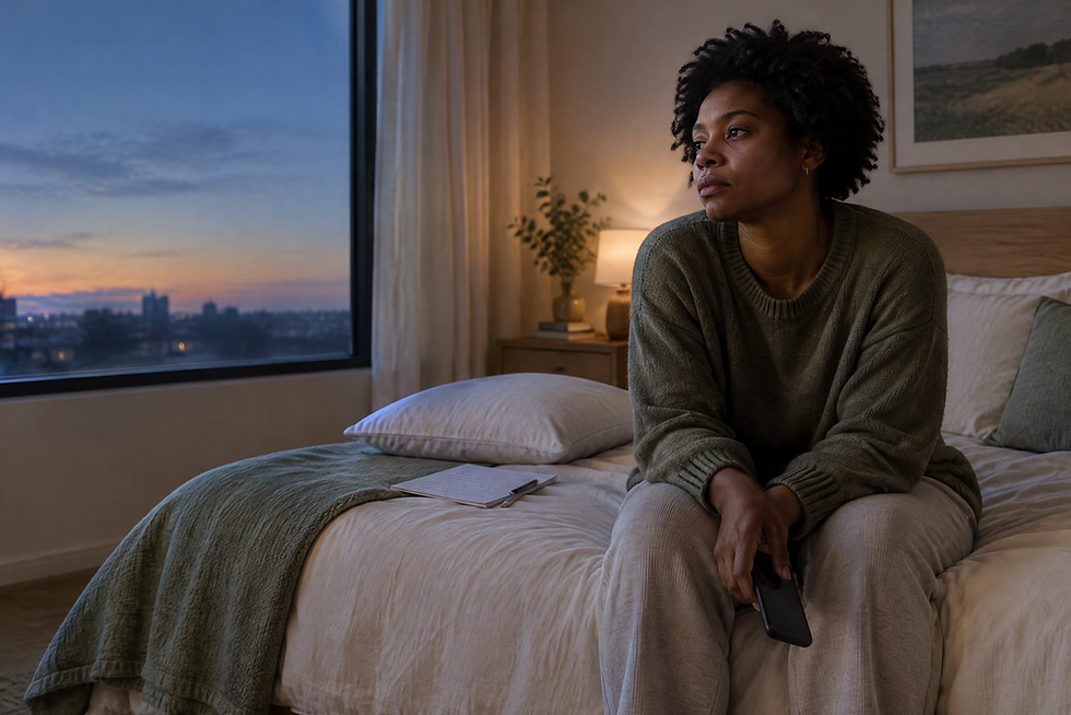 A tired person sitting alone with a phone after a sudden breakup and unexplained silence.